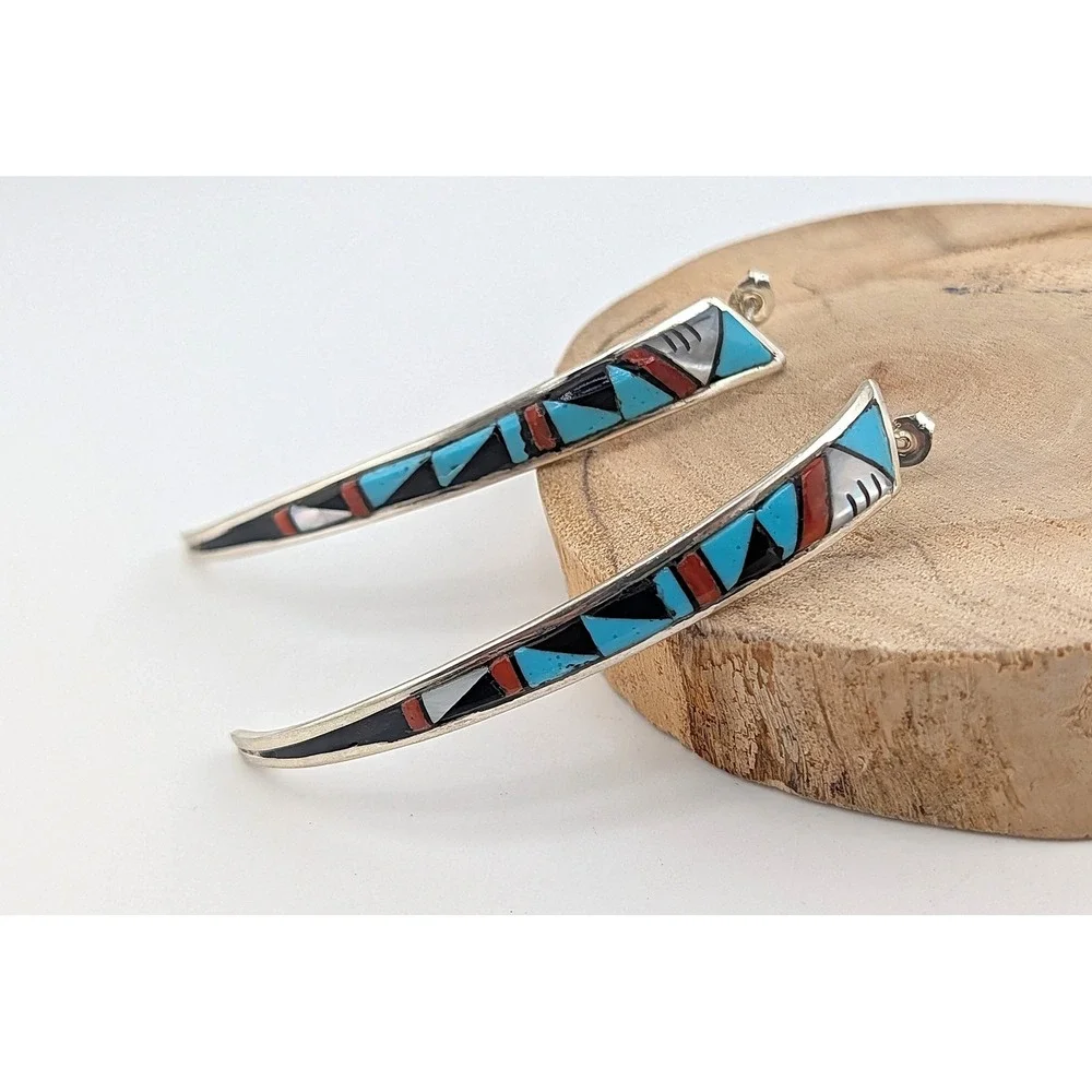 Zuni Turquoise coral Inlay Earrings 925 Sterling Silver Curved Signed P. Lucio *